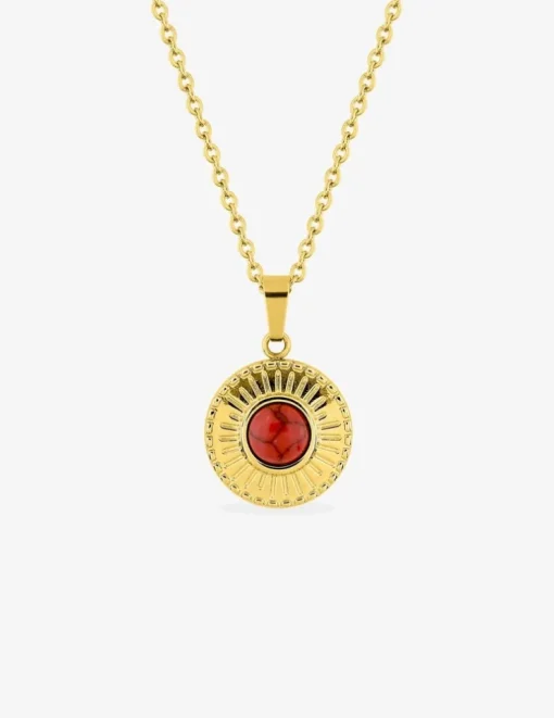 Collier pendentif fantaisie acier doré, motif et turquoise rouge synthétique SO OR