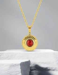 Collier pendentif fantaisie acier doré, motif et turquoise rouge synthétique SO OR