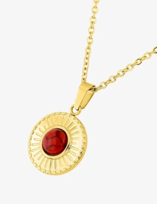 Collier pendentif fantaisie acier doré, motif et turquoise rouge synthétique SO OR