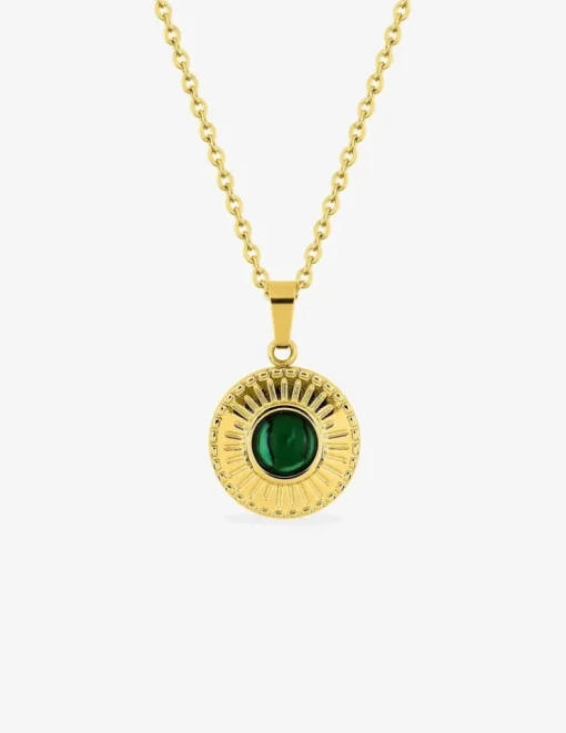 Collier pendentif fantaisie acier doré, motif malachite synthétique SO OR