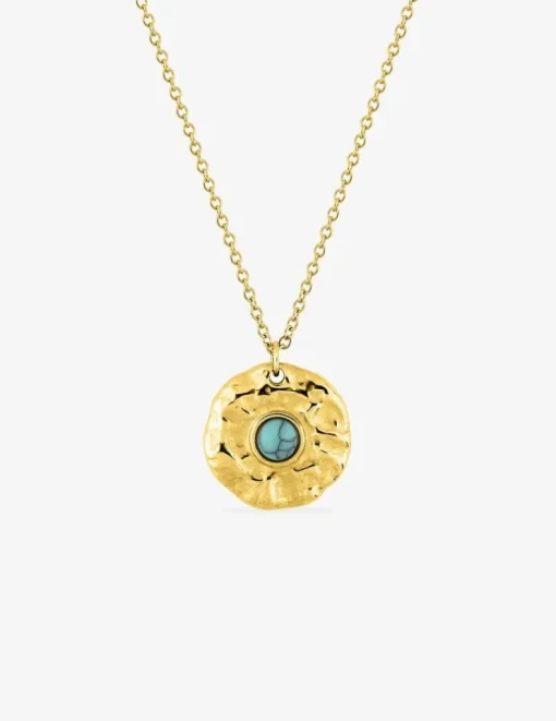 Collier pendentif turquoise bleue synthétique et acier doré SO OR