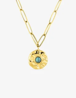 Collier pendentif turquoise bleue synthétique, acier doré et chaine alternée SO OR