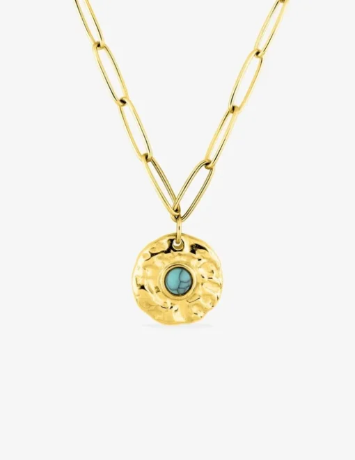 Collier pendentif turquoise bleue synthétique, acier doré et chaine alternée SO OR