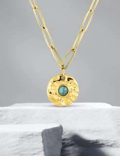 Collier pendentif turquoise bleue synthétique, acier doré et chaine alternée SO OR