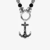 Collier perles obsidienne en acier noirci avec pendentif anneau et ancre marine SO OR