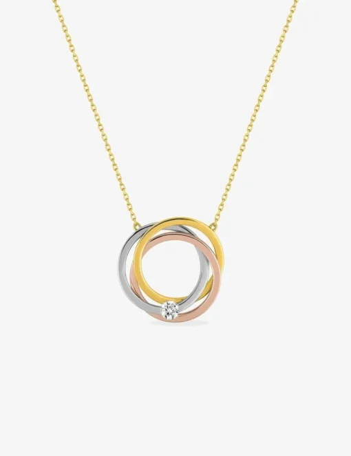 Collier tricolore anneaux entrelacés et oxyde de zirconium en or jaune 375 ‰ SO OR
