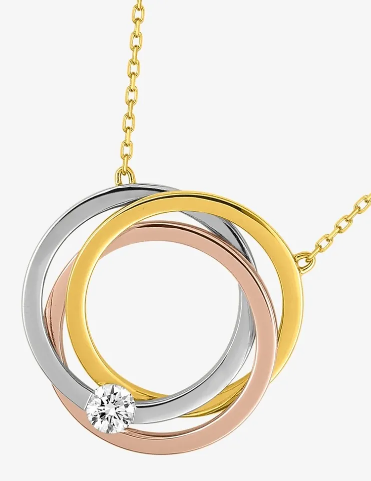 Collier tricolore anneaux entrelacés et oxyde de zirconium en or jaune 375 ‰ SO OR