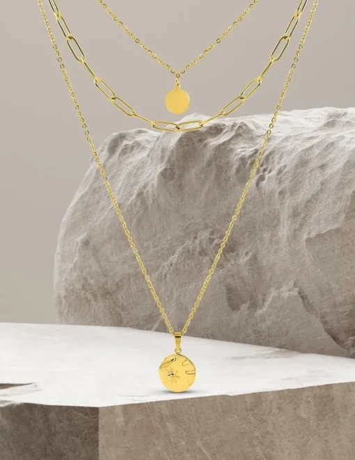 Collier trois rangs et pendentif en acier doré SO OR