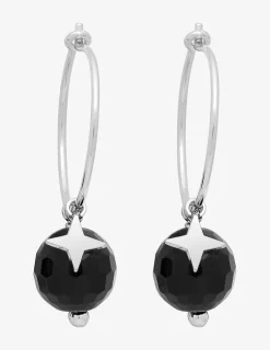 Créoles 15 mm argent 925‰ rhodié onyx 8 mm et étoile SO OR