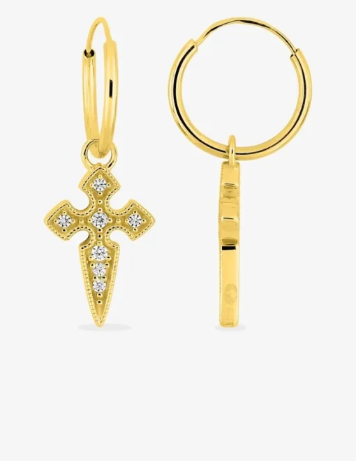 Créoles or jaune 375 ‰ avec breloques croix et oxydes de zirconium SO OR
