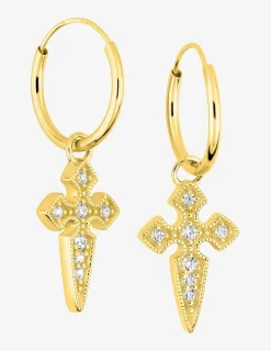 Créoles or jaune 375 ‰ avec breloques croix et oxydes de zirconium SO OR
