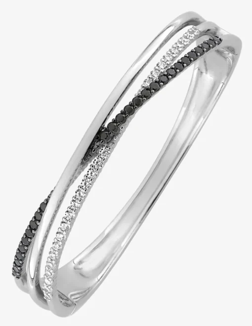 Jonc ouvrant argent 925 ‰ rhodié et oxyde de zirconium blanc et noir SO OR