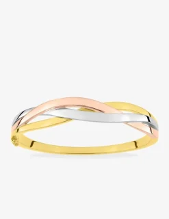 Jonc ouvrant vagues tricolores plaqué or, plaqué or rose et rhodium SO OR