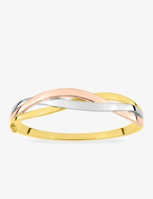 Jonc ouvrant vagues tricolores plaqué or, plaqué or rose et rhodium SO OR