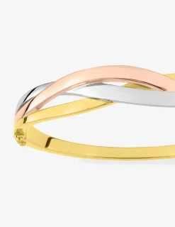 Jonc ouvrant vagues tricolores plaqué or, plaqué or rose et rhodium SO OR