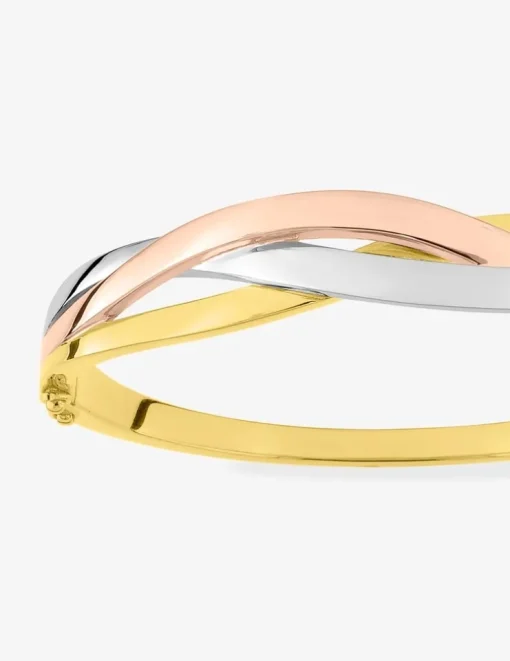 Jonc ouvrant vagues tricolores plaqué or, plaqué or rose et rhodium SO OR