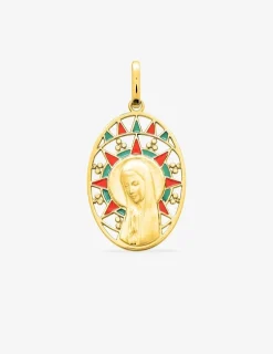 Médaille ovale Vierge or jaune 750‰ et vitrail rouge et vert SO OR
