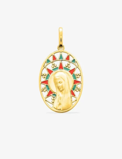 Médaille ovale Vierge or jaune 750‰ et vitrail rouge et vert SO OR