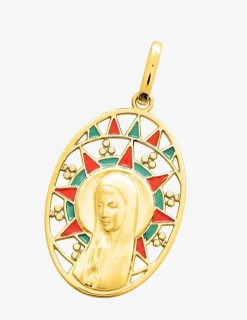 Médaille ovale Vierge or jaune 750‰ et vitrail rouge et vert SO OR