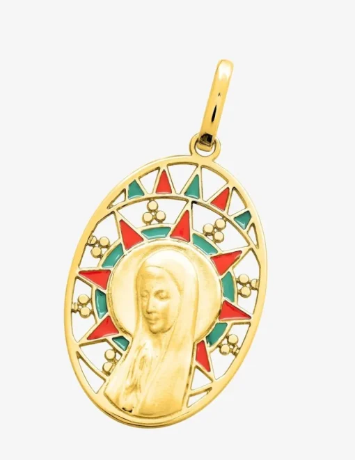Médaille ovale Vierge or jaune 750‰ et vitrail rouge et vert SO OR