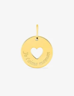 Pendentif jeton plaqué or gravé "Je t'aime maman" et cœur ajouré SO OR