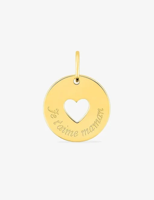 Pendentif jeton plaqué or gravé "Je t'aime maman" et cœur ajouré SO OR
