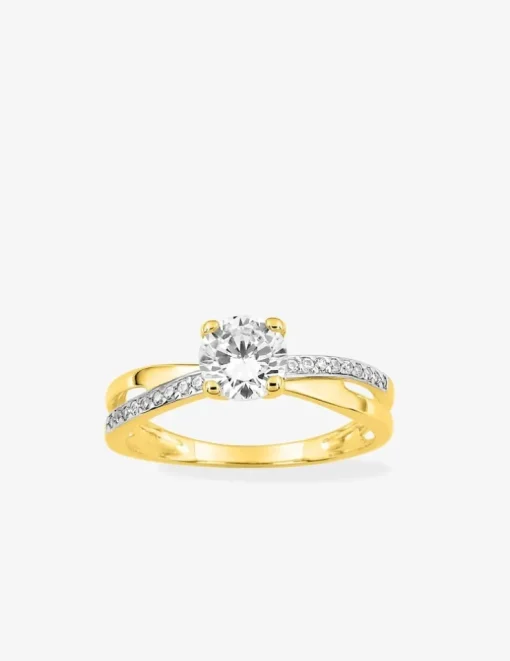 Solitaire accompagné anneaux croisés plaqué or, rhodium et oxyde de zirconium 6 mm SO OR