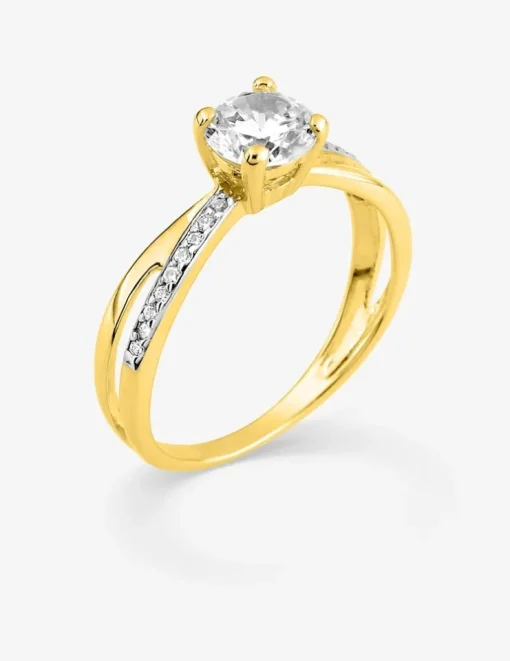 Solitaire accompagné anneaux croisés plaqué or, rhodium et oxyde de zirconium 6 mm SO OR