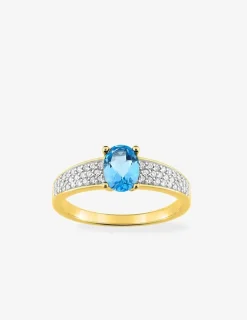 Solitaire accompagné plaqué or, rhodium, oxyde de zirconium bleu et pavage oxydes de zirconium blancs SO OR