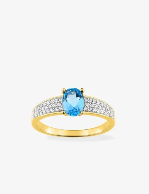 Solitaire accompagné plaqué or, rhodium, oxyde de zirconium bleu et pavage oxydes de zirconium blancs SO OR