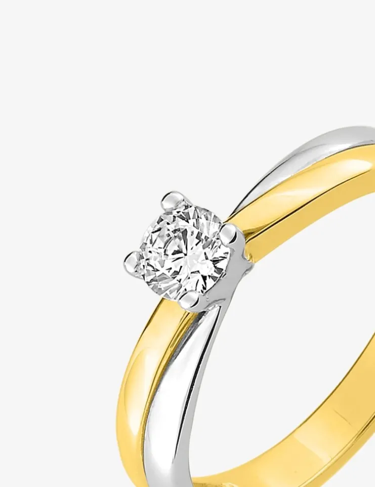 Solitaire monture bicolore croisée plaqué or, rhodium et oxyde de zirconium 4 mm SO OR