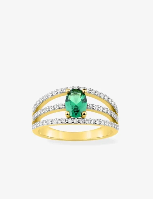 Solitaire triple anneau plaqué or, rhodium et oxyde de zirconium vert accompagné SO OR
