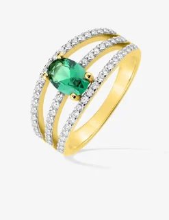 Solitaire triple anneau plaqué or, rhodium et oxyde de zirconium vert accompagné SO OR